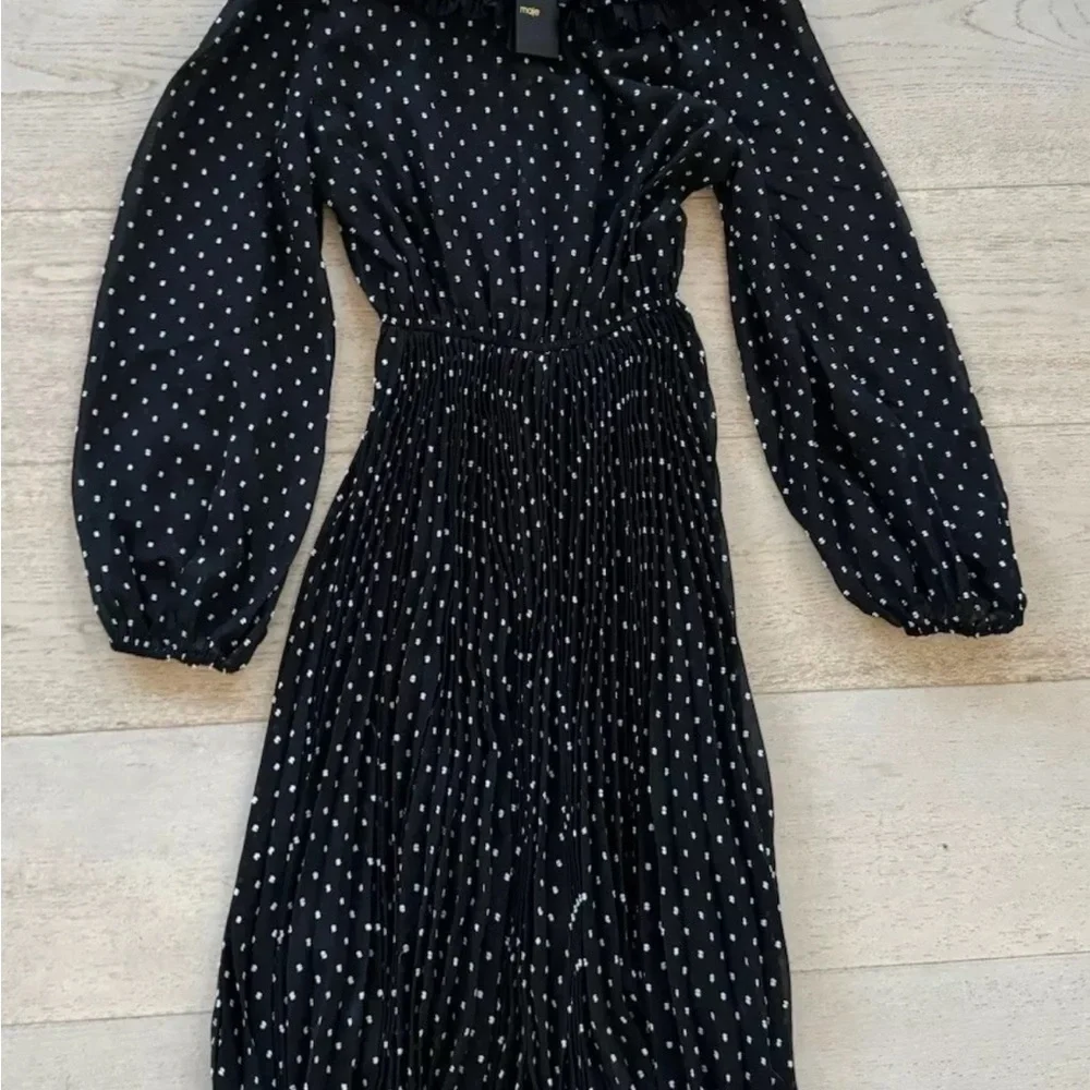 Maje Ribul Polka Dot accordion Pleated Midi Dress 36